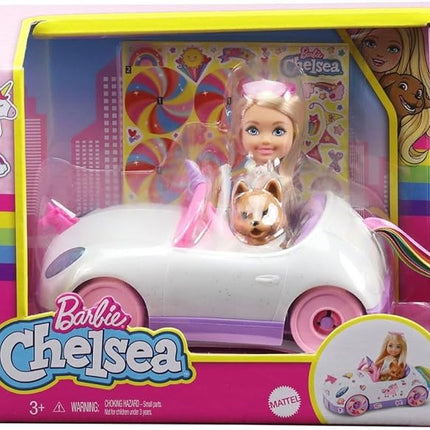 Barbie Chelsea Toy Car Set with Unicorn Theme, Blonde Small Doll in Removable Skirt, Pet Puppy, Sticker Sheet & Accessories