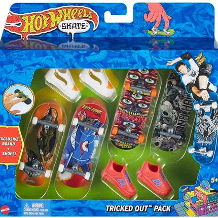 Hot Wheels Skate Tony Hawk Set of 4 Fingerboards & 2 Pairs of Removable Skate Shoes, Tricked Out Pack of Fully Assembled Boards, 1 Exclusive Set