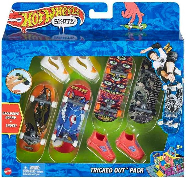 Hot Wheels Skate Tony Hawk Set of 4 Fingerboards & 2 Pairs of Removable Skate Shoes, Tricked Out Pack of Fully Assembled Boards, 1 Exclusive Set