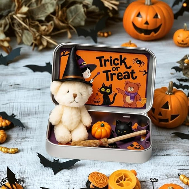 Halloween Bear in a Box for Trick or Treat, Miniature Witcher, Halloween Animal Pocket Hug Surprise Box, Cute Bear in Box with Pumpkin and cat Decorations (Light Brown)