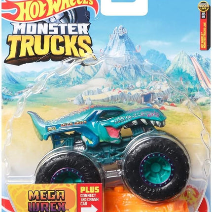 DieCast Hot Wheels Monster Trucks Mega Wrex (Teal) 31/75 - 1:64 Scale Truck with Connect and Crash Car