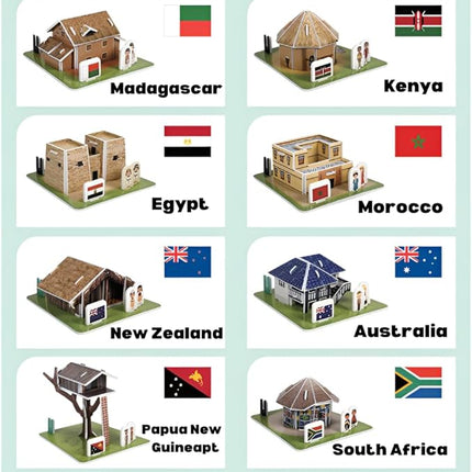 3D Puzzle Set - Traditional Houses Collection: Build 8 Country Models with Authentic Costumes, DIY Kit for Hobbyists, Creative Toy and Home Decor (Africa and Oceania)