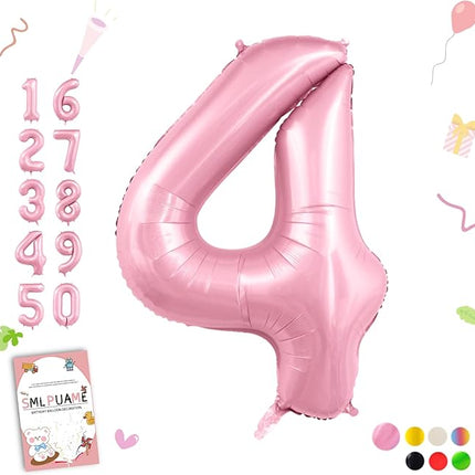 Smlpuame Pastel Pink 4 Balloons, 40 Inch Large Light Pink Foil Number Balloons 0-10, Self-Sealing 4th Birthday Balloon for Girls Women Anniversary Baby Shower Princess Party Decorations Supplies