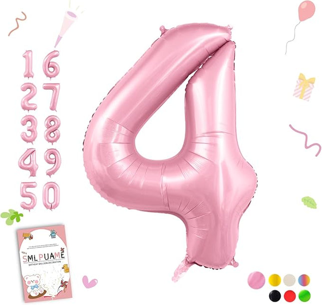 Smlpuame Pastel Pink 4 Balloons, 40 Inch Large Light Pink Foil Number Balloons 0-10, Self-Sealing 4th Birthday Balloon for Girls Women Anniversary Baby Shower Princess Party Decorations Supplies