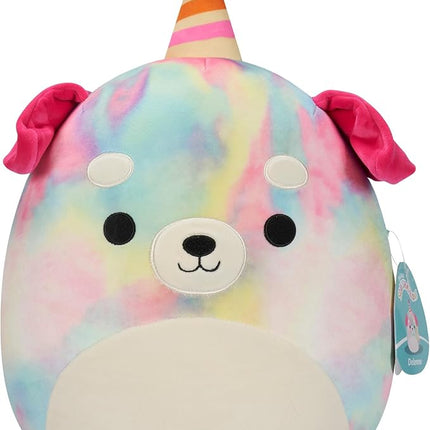 Squishmallows Original 12-Inch Delenne The Rainbow Tie-Dye Dog with Party Hat - Official Jazwares “Happy Birthday” Plush (Medium-Sized)