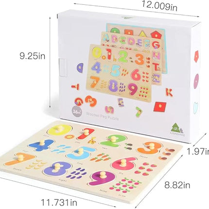 GRINNNIE Wooden Montessori Toddler Puzzles for 3 4 5 Years Old, 3 Pcs (Number, Letter, Shape) Kids Preschool Educational Peg Puzzle Set