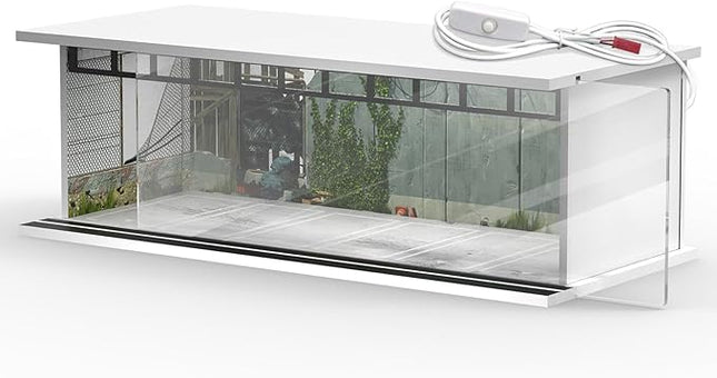 1/64 Scale Diecast Display Case for Hot Wheels Matchbox Cars, Toy Car Model Mini Garage with LED Light and Acrylic Cover, Stackable Parking Lot Diorama Storage for Collection Present