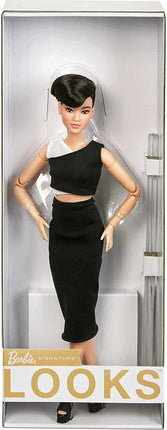 Barbie Signature Looks Doll (Petite, Brunette Pixie Cut) Fully Posable Fashion Doll Wearing Black Midi Skirt for Collectors