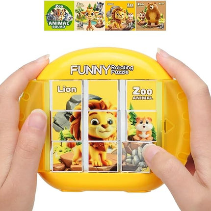 Rotating 3D Puzzle for Kids 3 4 5 6 7 Year Old, 4 Puzzles in 1, Handheld Game Fidget Toys for Travel, Cars & Plane, Fine Motor Skills Developing (Zoo Animal Squad)