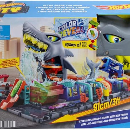 Hot Wheels City Track Set, Ultra Shark Car Wash with 1:64 Scale Color Reveal Toy Vehicle, Repeat Color-Change Feature, Storage