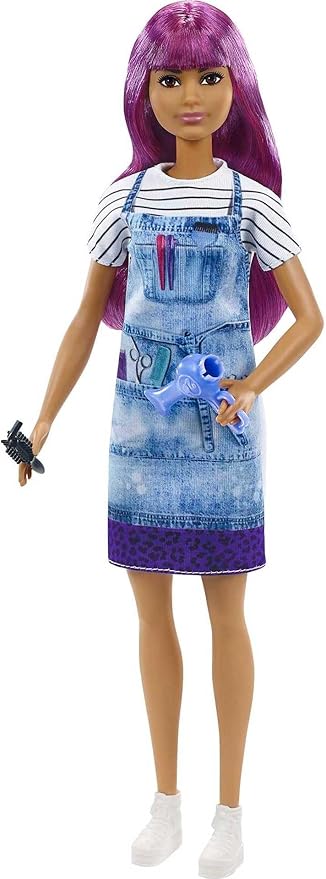 Barbie Careers Fashion Doll & Accessories, Salon Stylist with Purple Hair Wearing Removable Outfit with Tie-Dye Smock, Blow Dryer & Brush