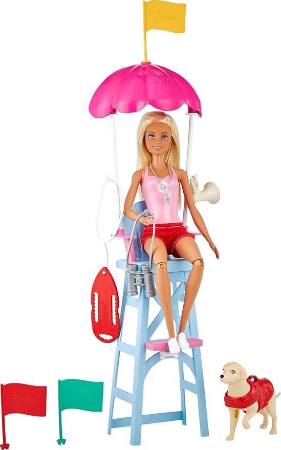 Barbie Careers Playset, Blonde Lifeguard Doll Wearing Removable Outfit with Dog, Chair & 5+ Accessories