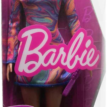 Barbie Fashionistas Doll #206 with Crimped Hair & Freckles Wearing Removable Rainbow Marble-Print Dress, Green Mules & Purse