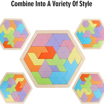 Skrtuan Wooden Hexagon Puzzle for Kid Adults Wooden Blocks Puzzle Brain Teasers Toy Shape Pattern Blocks Tangram Puzzles Games Family Portable Montessori Educational Gift for Kid Children