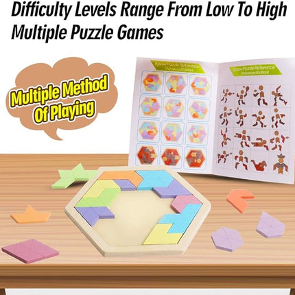 Skrtuan Wooden Hexagon Puzzle for Kid Adults Wooden Blocks Puzzle Brain Teasers Toy Shape Pattern Blocks Tangram Puzzles Games Family Portable Montessori Educational Gift for Kid Children