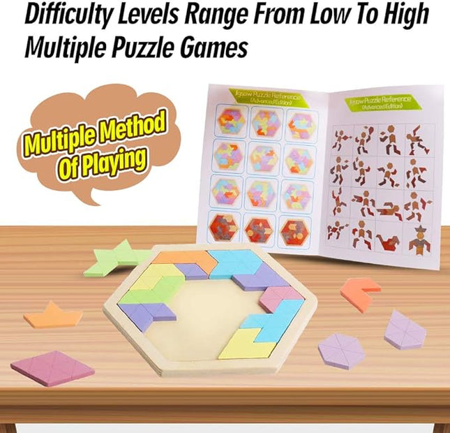 Skrtuan Wooden Hexagon Puzzle for Kid Adults Wooden Blocks Puzzle Brain Teasers Toy Shape Pattern Blocks Tangram Puzzles Games Family Portable Montessori Educational Gift for Kid Children
