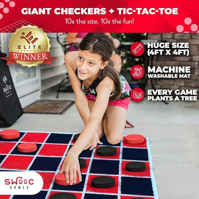 Swooc Games® - 2-in-1 Vintage Giant Checkers & Tic Tac Toe Game W/Mat (4ft x 4ft) - 100% Machine-Washable Canvas - Giant Outdoor Games for Kids - Yard Game for Kids - Jumbo Lawn Set - Large Checkers