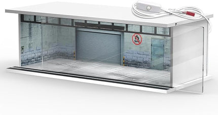 1/64 Scale Diecast Display Case for Hot Wheels Matchbox Cars, Toy Car Model Mini Garage with LED Light and Acrylic Cover, Stackable Parking Lot Diorama Storage for Collection Present