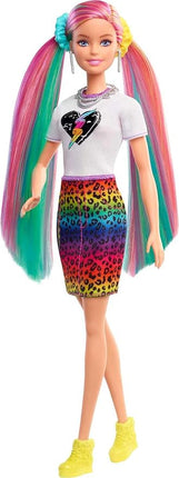 Barbie Doll Leopard Rainbow Hair with Color-Change Highlights & 16 Styling Accessories Including Clothes, Scrunchies, Brush & More