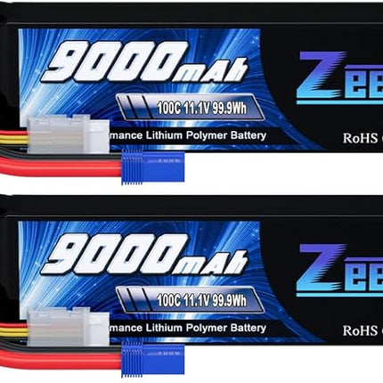 Zeee 3S 9000mAh Lipo Battery 11.1V 100C EC5 Connector with Metal Plates Soft Case RC Battery for RC Car Truck Tank Racing Hobby Models (2 Pack)