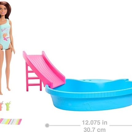 Barbie Doll & Pool Playset, Brunette in Seafoam Blue One-Piece Swimsuit with Pool, Slide, Towel & Drink Accessories