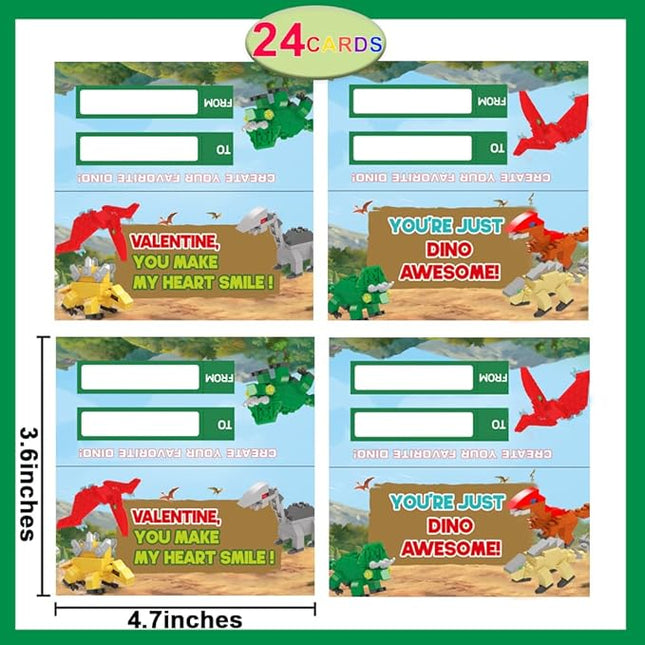WODMAZ 24 Packs Valentines Day Cards with Dinosaur Building Blocks, Valentines Dinosaur Toys Set for Kids Classroom Exchange Gifts, Valentine Party Favor, Valentine's Greeting Cards