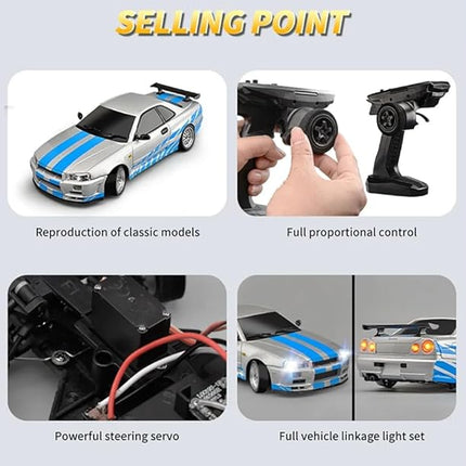 LD1899 1:18 RC Drift Car GTR R34 2.4GHz RWD with Gyroscope on-Road Alloy Body Shell Racing Cars Radio Control (Silvery)