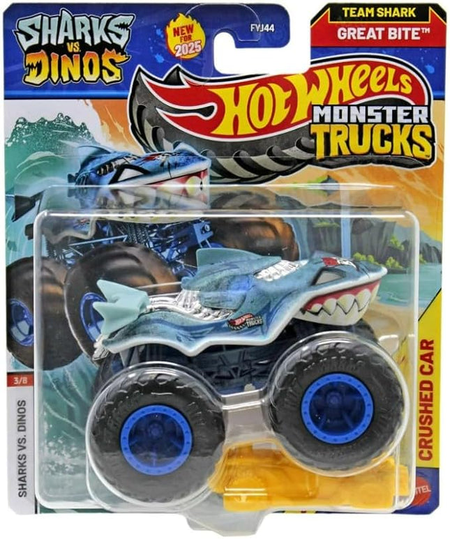 Hot Wheels Monster Trucks Sharks vs Dinos, 1:64 Scale Die-Cast Vehicle Collection, 2025 Edition (3/8 Team Shark Great Bite)
