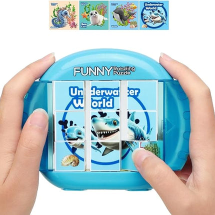 Rotating 3D Puzzle for Kids 3 4 5 6 7 Year Old, 4 Puzzles in 1, Handheld Game Fidget Toys for Travel, Cars & Plane, Fine Motor Skills Developing (Marine Life)