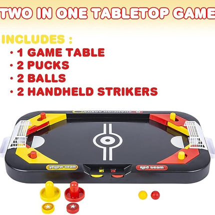 Gamie 2 in 1 Sports Table Games Mini Air Hockey Table for Kids, and Soccer Mini Games for Indoor Fun, Includes Pucks, Balls, and Strikers, Air Hockey Fits on Table or Floor for Adult and Kids