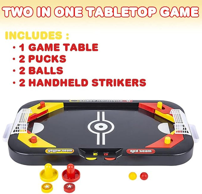 Gamie 2 in 1 Sports Table Games Mini Air Hockey Table for Kids, and Soccer Mini Games for Indoor Fun, Includes Pucks, Balls, and Strikers, Air Hockey Fits on Table or Floor for Adult and Kids