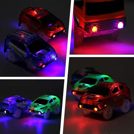 Tracks Cars Only Replacement, Flex Track Race cars for Magic Tracks Glow in the Dark, LED Lights Up Battery Operated Snap N Glow Trax cars Accessories, Compatible with Most Car Tracks for Kids (4pack