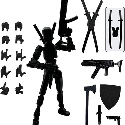 (Assembly Completed) 3D Printed Figure 5.54-inch Dummy13 with Weapon Expansion Set, Full Body Mechanical Movable Toy, Desk Decoration. (Pure Black)