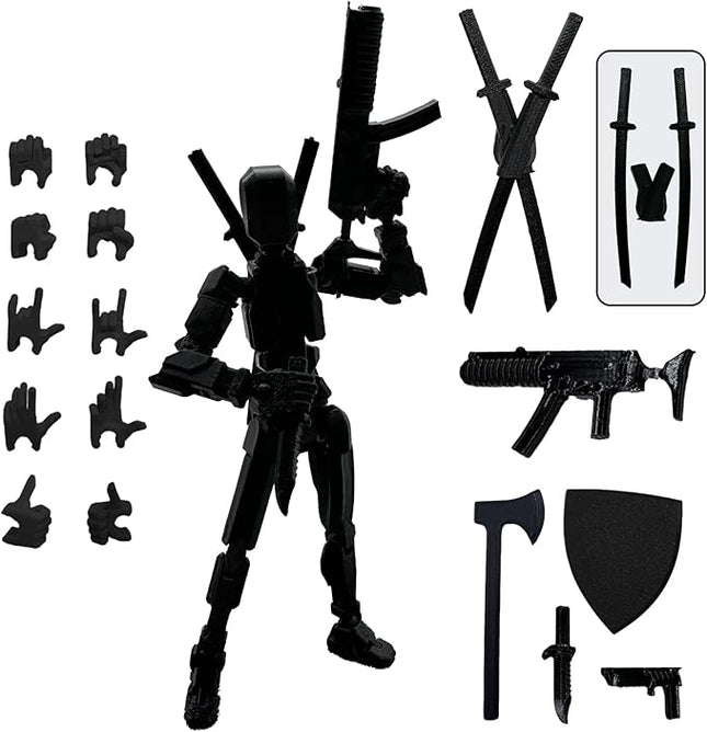 (Assembly Completed) 3D Printed Figure 5.54-inch Dummy13 with Weapon Expansion Set, Full Body Mechanical Movable Toy, Desk Decoration. (Pure Black)