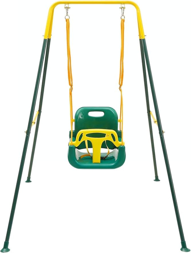 FUNLIO Toddler Swing with Foldable Metal Stand for Toddlers Aged 1~10 Years, 3-in-1 Baby Swing Set with 4 Sandbags for Backyard/Indoor/Outdoor Play, Easy to Assemble & Store, Green