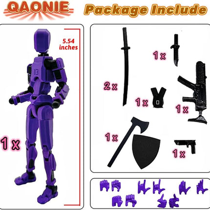 (Assembly Completed) 3D Printed Figure 5.54-inch Dummy13 with Weapon Expansion Set and Bracket, Full Body Mechanical Movable Toy, Desk Decoration. (Purple)