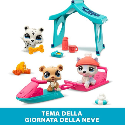 BANDAI Littlest Pet Shop Snow Day Set BF00534 Includes 3 Pets, 3 Accessories, 1 Collector Card, 1 Virtual Code, 1 Snowmobile, 1 Sled, Generation 7 (#107, #108, #109),4 Years+