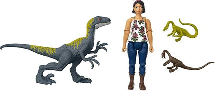 Mattel Jurassic World Camp Cretaceous Human & Dino Action Figure Pack with Sammy & Velociraptor Figures, Plus 2 Compys Smaller Dinosaurs, Collectible Toy Set