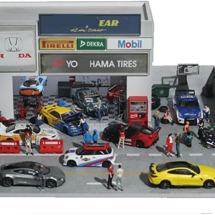 Car Modification Shop Lot Scene Diorama 1:64 Scale with LED Lighting – Diecast Display Garage for Hot Wheels, MiniGT, Matchbox – Dimensions: 30x30x14 cm