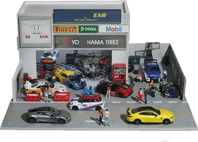Car Modification Shop Lot Scene Diorama 1:64 Scale with LED Lighting – Diecast Display Garage for Hot Wheels, MiniGT, Matchbox – Dimensions: 30x30x14 cm