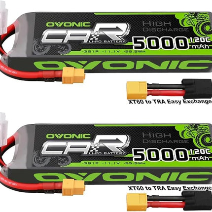 OVONIC 3S LiPo Battery 11.1V 5000mAh 120C with XT60 and TRA Plug Perfect Match RC Car RC Truck Airplane Helicopter Boat Car Racing RC Hobby [6.18''D x 1.81" W x 1.03" H](2 Packs in 1 Package)