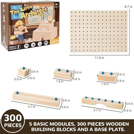 Wooden Building Blocks for Toddlers Ages 3 4 5 6 Years Old - 300 Pcs Wooden Blocks Little Architect Construction Toy for Boys & Girls, Kids Montessori Wooden Building Blocks Stacking Toy