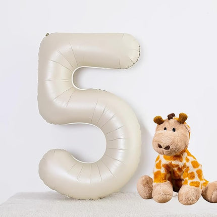 Smlpuame 40 Inch Beige Number 5 Balloons for 5th Birthday Decorations Boys Girl, Giant Self-Sealing Cream Foil Number 0-10 White Sand Balloon for Women Men Party Anniversary Baby Shower Supplies
