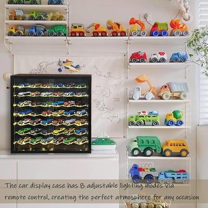 1/64 Cars Display Case with Lighted Wall Mounted Black Display Cabinet with Acrylic Shelves at 45-Degree Angle and Door Storage for 42 Hot Diecast Wheels Toy Cars