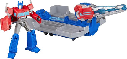 Transformers EarthSpark Optimus Prime Battle Trailer Playset with Action Figure, Lights and Sounds, Electronic Truck Toys for Kids 6 and Up
