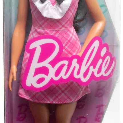 Barbie Fashionistas Doll #209 with Black Hair Wearing Removable Pink Plaid Dress, Pearlescent Headband & Strappy Heels