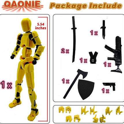 (Assembly Completed) 3D Printed Figure 5.54-inch Dummy13 with Weapon Expansion Set, Full Body Mechanical Movable Toy, Desk Decoration. (Yellow)