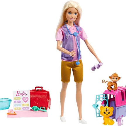Barbie Careers Doll & Accessories, Animal Rescue & Recovery Playset with Blonde Doll, Baby Monkey & Tiger Figures, Carrier & More