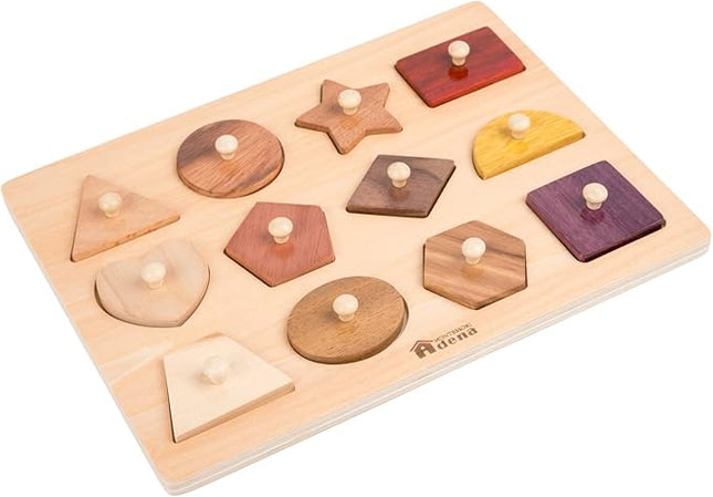 Adena Montessori Wooden Puzzles for Toddlers 1-2, 12 Piece Shape Peg Board with Knobs Educational Learning Toys for 1-2 Year Old Natural Wood Shape Sorter for Babies Durable Montessori Toys
