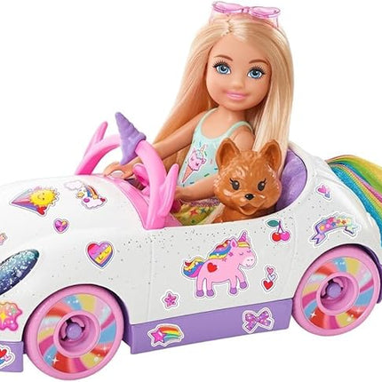 Barbie Chelsea Toy Car Set with Unicorn Theme, Blonde Small Doll in Removable Skirt, Pet Puppy, Sticker Sheet & Accessories
